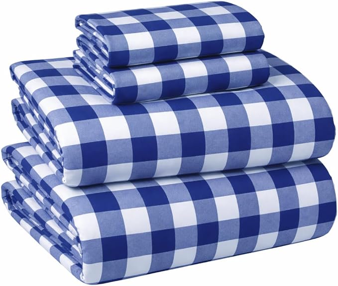 Briarwood Home® Printed Flannel Sheet Set, 100% Natural Cotton, Soft, Warm & Deep Pocket, Advanced Nano-Tech Making it Resistance to Pilling; Brushed 6 Times for Softness (Buffalo Navy Blue, Queen)