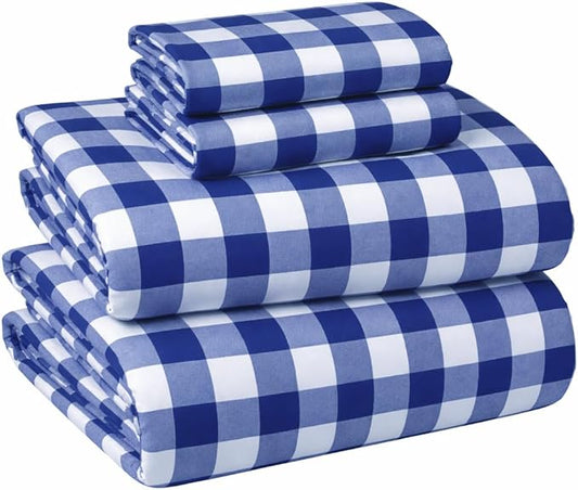 Briarwood Home® Printed Flannel Sheet Set, 100% Natural Cotton, Soft, Warm & Deep Pocket, Advanced Nano-Tech Making it Resistance to Pilling; Brushed 6 Times for Softness (Buffalo Navy Blue, Queen)