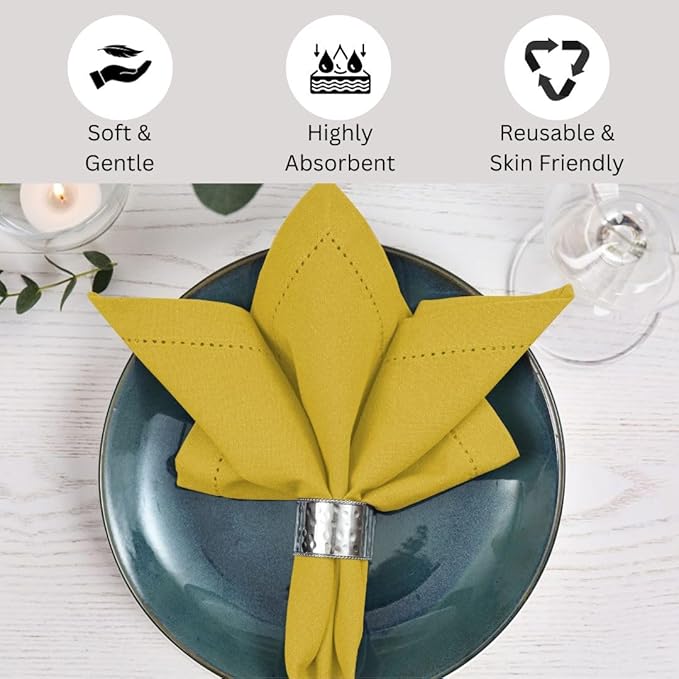 Hemstitch Cloth Dinner Napkins 100% Cotton Set of 12 - for Dining Special Occasions Weddings Parties Holidays Easter - Soft Durable Reusable - Elegant 18x18 Inch Table Cloth Napkins Yellow