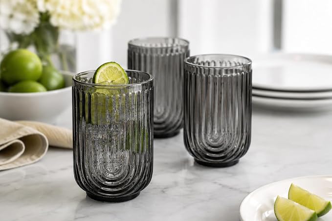 Glaver's Vintage Glassware - Art Deco Ribbed Drinking Glasses, U-Shape Arch Design Colored Cocktail Decorative Party Everyday Kitchen Tumblers, Hand Wash Only (Smoke S/4 17oz)