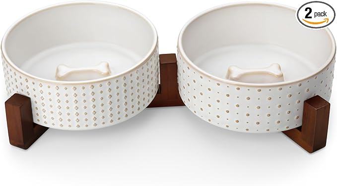 MALACASA Dog Bowl Set with Walnut Wood Stand, 3.5 Cups Ceramic Pet Bowls for Puppy Dogs, Dual Food and Water Bowls with Weighted Non-Slip Base, Basic Bowls for Your Dog or Cat, Rhombic & Polka Dots