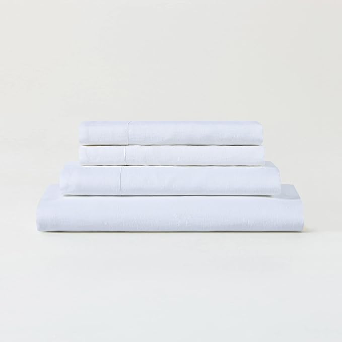 Sijo Stone Washed Organic French Linen Bed Sheet Set, GOTS Certified Organic, Best Cooling Linen Sheet Award by Sleep Foundation, 1 Flat Sheet Only (Snow, King/Cal King)