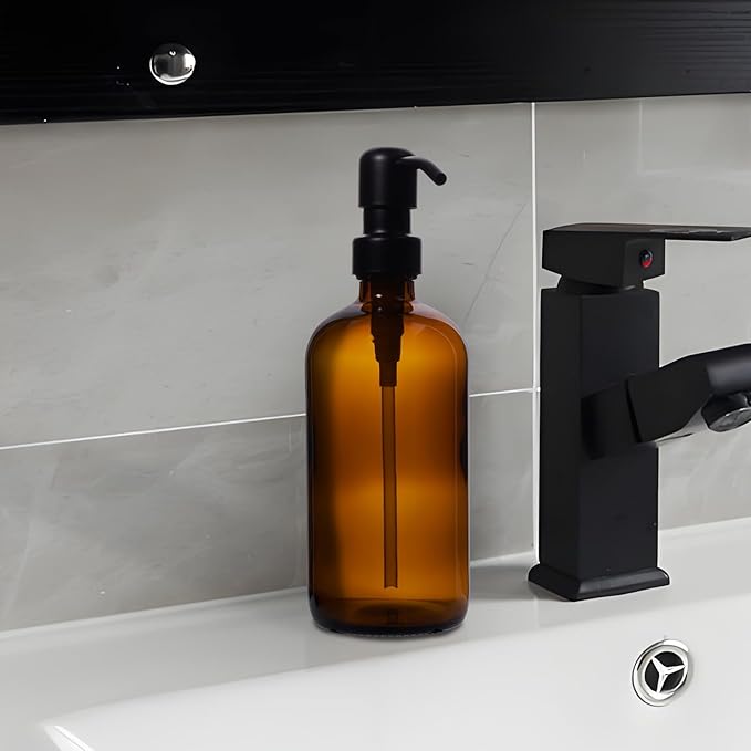 Diahom Soap Dispenser Amber Glass Hand Dish Soap Dispensers 1pcs Stainless Steel Pump 16 Oz for Kitchen Sink Countertop Bathroom