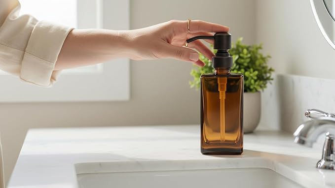 13.5 Oz Coffee Glass Soap Dispenser with Rust Proof Stainless Steel Pump, Antique Design Refillable Square Lotion Dispenser for Bathroom, Premium Kitchen Hand Soap (Oil Rubbed Bronze)