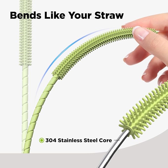 Silicone Straw Cleaner Brush, 2 Pcs Reusable Cleaning Brushes for Straws, 6mm&9mm, Green