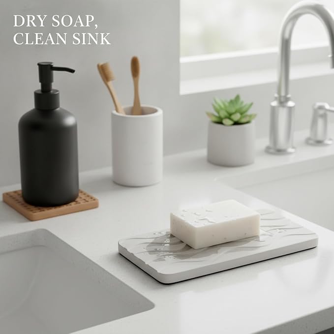 Diatomaceous Earth Soap Dish, Rectangular Stone Bar Soap Holder for Bathroom Sink & Shower, Absorbent Tray (8.7 x 3.5 Inch)