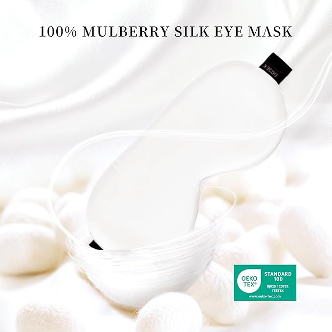 THXSILK Sleep Mask 100% 19 Momme Pure Mulberry Silk Super Smooth Cooling Sleep Eye Mask Blackout for Women/Man/Kids Eye Cover with Wide Head Strap Good Night Sleep Comfortable Travel and Nap, White