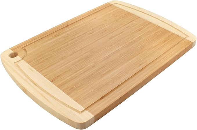 BambooMN Heavy Duty Premium Bamboo Two-Toned Cutting Board w/Hanging Hole - 17.25" x 11.75" x 0.75" - Grooved/Flat - 1 Piece