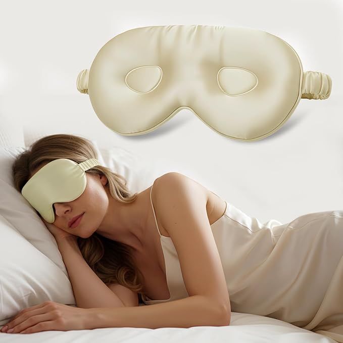 Silk Eye Mask for Sleeping 100% Mulberry Silk Women Men Blindfold,3D Luxury Travel Smooth Elastic Strap Eye Masks Breathable Cooling Soft Night Sleep Work Eyeshade Cover,Beige