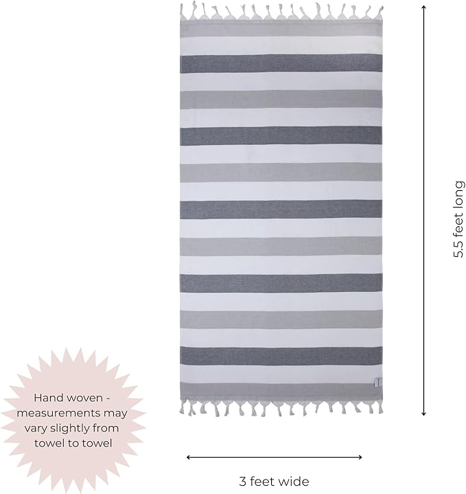 InfuseZen Terry Cloth Lined Turkish Bath & Beach Towel – Striped Design - 100% Organic Turkish Cotton - Soft, Lightweight, Absorbent Peshtemal - Quick Dry for Beach, Bath, Throw, Travel - Gray
