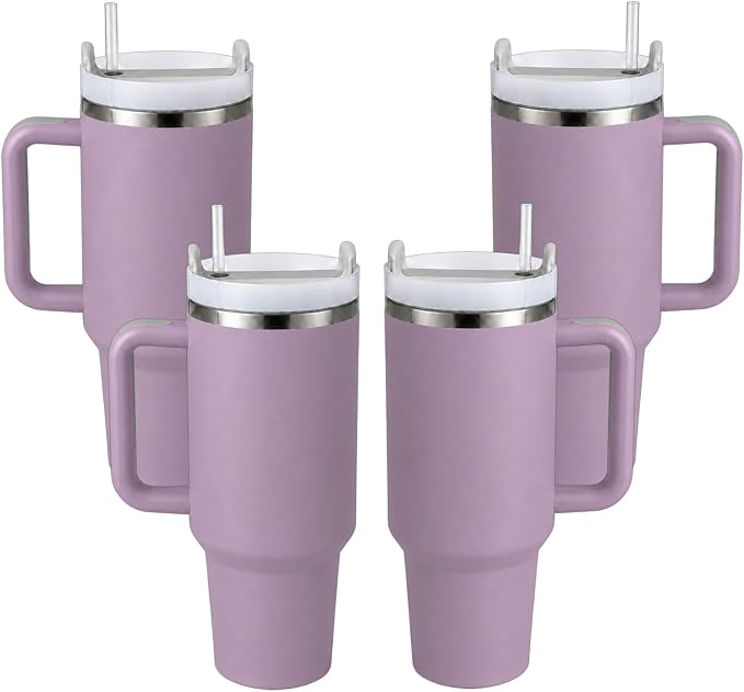 Pandance 4 Pack 40 oz Tumbler with Handle and Straw Bulk, Purple | Stainless Steel Vacuum Insulated Travel Mug, Sturdy Screw-on lid, Cup Holder Friendly, Large Capacity Cup For Iced Coffee