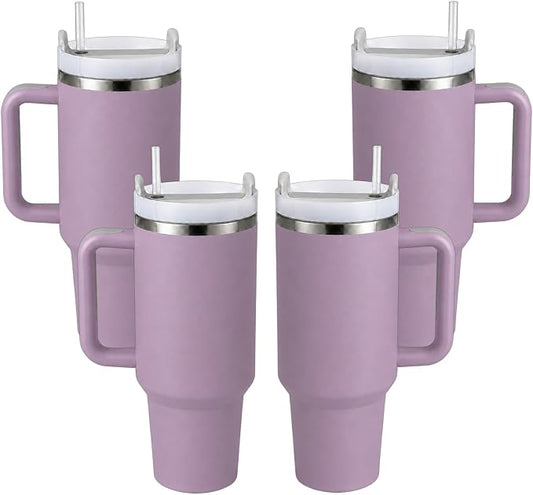 Pandance 4 Pack 40 oz Tumbler with Handle and Straw Bulk, Purple | Stainless Steel Vacuum Insulated Travel Mug, Sturdy Screw-on lid, Cup Holder Friendly, Large Capacity Cup For Iced Coffee