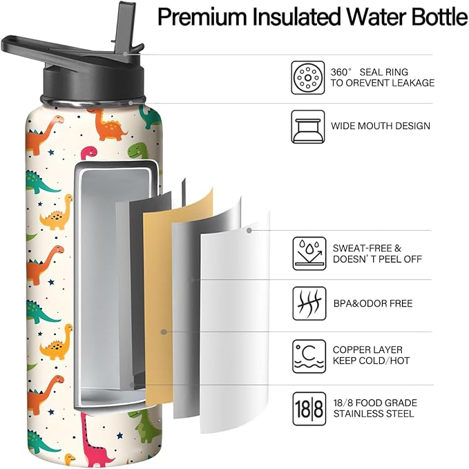 40oz Cute Dinosaur Water Bottle with Handle and Flip Straw, Animal Sports Stainless Steel Insulated Cup Travel Coffee Mug Tumbler, Birthday Mothers Day Chritmas Gifts for Women