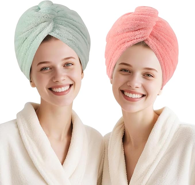 Microfiber Hair Drying Towel Wrap for Women, Hair Turbans Towel for Wet Hair,turbie Twist Hair Towels(The Color of the Picture is for Reference only) (Light Green,Pink)