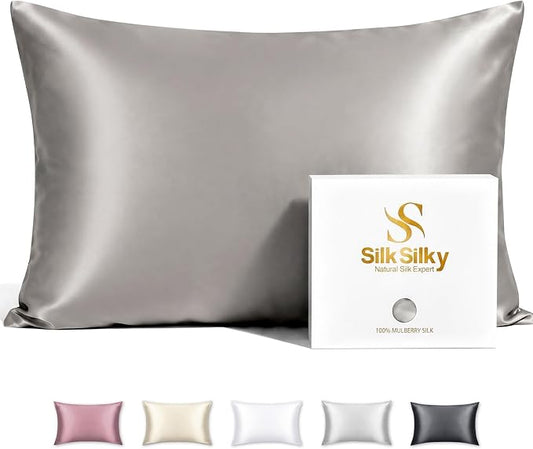 SilkSilky Luxury 30 Momme 100% Pure Organic Mulberry Silk Pillowcase for Hair & Skin, Grade 6A+ Silk Pillow Cases with Hidden Zipper, Cooling Silk for Deep Sleep (King 20''x36'', Silver)