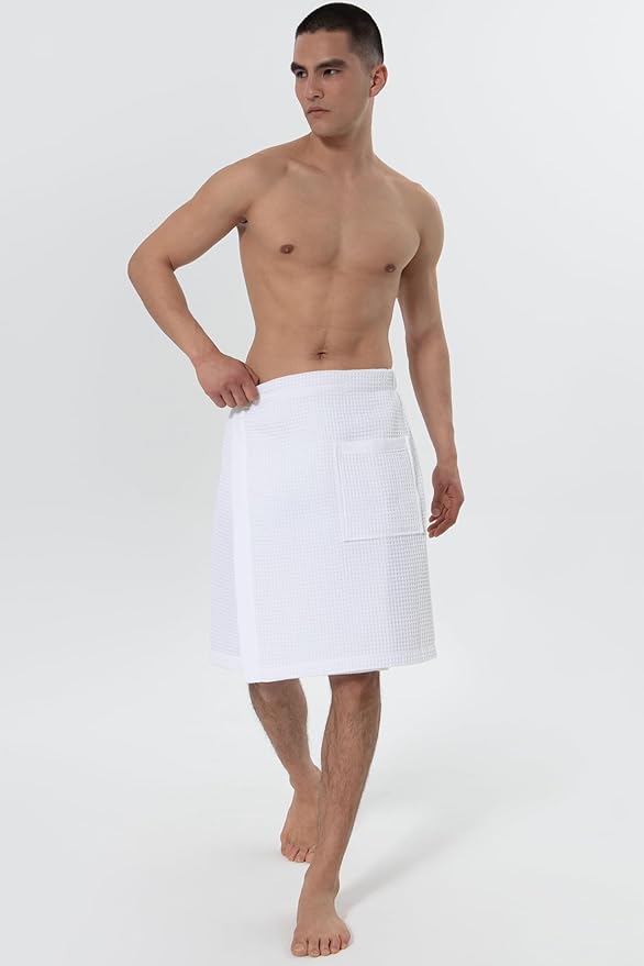 SEYANTE Men's Organic Waffle Spa Wrap – GOTS Certified 100% Turkish Cotton, Adjustable Closure, Same-Color Piping