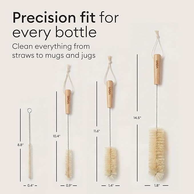 Vove Bottle Brush Set, 4 Natural Sisal Bottle Brushes with Long Bamboo Handles, Plastic-Free Bottle & Straw Cleaner Set, Zero Waste, Stainless Steel Wire, FSC Certified Bamboo, Kraft Packaging