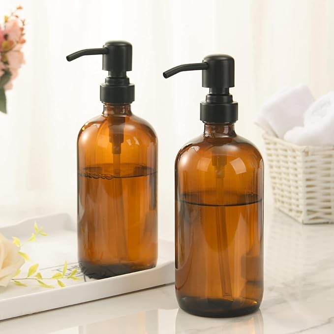 2 Pack Amber Glass Soap Dispenser，Dish Soap Dispenser Set, Modern Vintage Liquid Brown Soap Dispensers Bottle