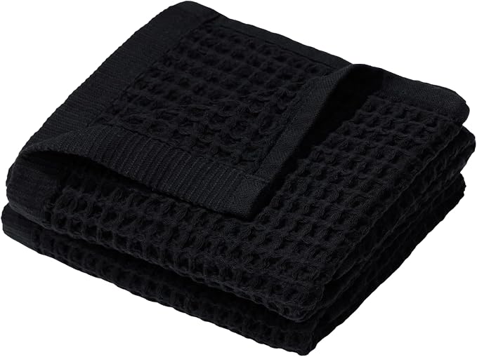 DEMMEX Organic Cotton Waffle Turkish Hand Towels for Bathroom & Kitchen, Large 20x30 in, 100% Oeko-TEX Certified Ultra Soft Turkish Cotton, Lightweight Quick Dry Waffle Weave, Set 2 (Jet Black)