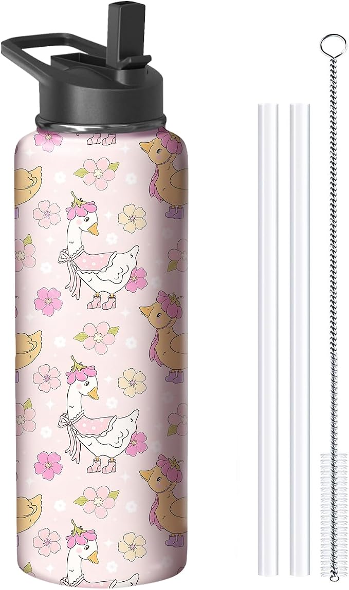 40oz Pink Duck Water Bottle with Handle and Flip Straw, Animal Sports Stainless Steel Insulated Cup Travel Coffee Mug Tumbler, Birthday Mothers Day Chritmas Gifts for Women