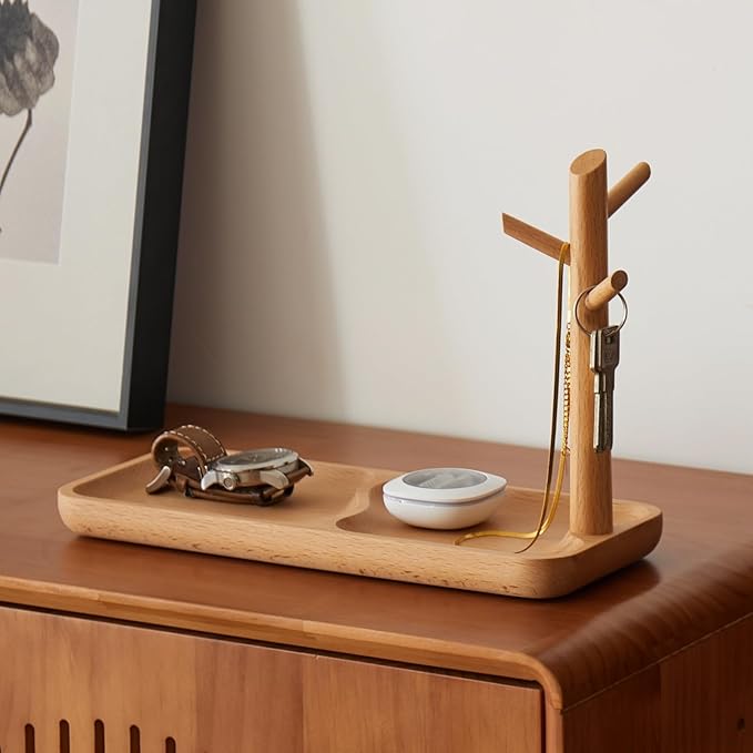Solid Beech Wood Key Tray and Bowl for Entryway Table - Smooth Polished Branch-Shaped Organizer With Hooks for Keys, Wallet, Jewelry, Glasses (Beech, Rectangle)