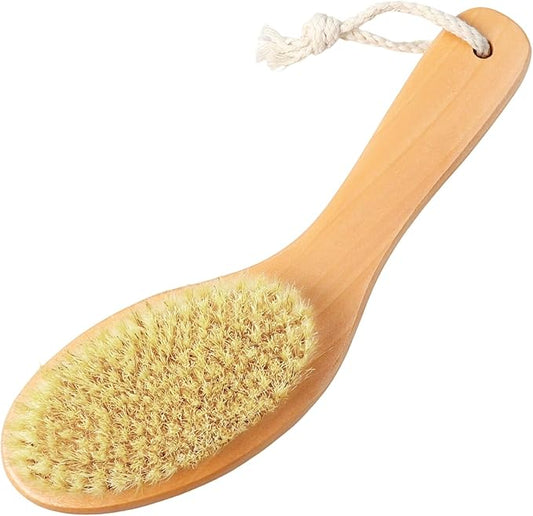 logohu Dry Brushing Body Brush, Natural Boar Bristle Dry Body Brush with Contoured Wooden Handle for Iymphatic Drainage Body Exfoliator Dead Skin