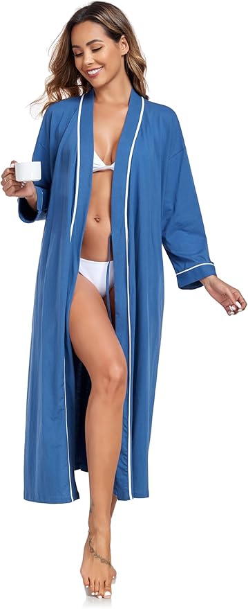 COLORFULLEAF 100% Cotton Women's Robes Summer Lightweight Kimono Soft Long Cotton Bathrobe for Women with Pockets