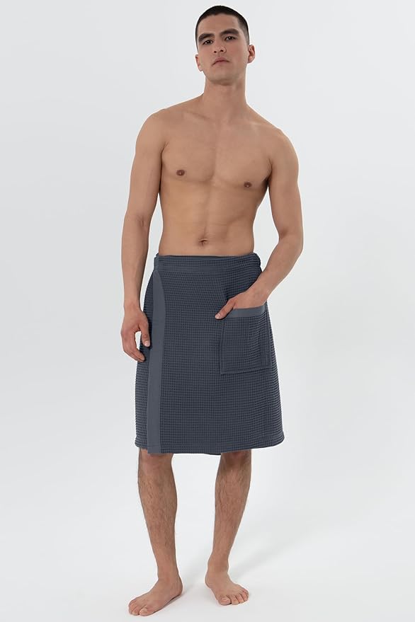 SEYANTE Men's Organic Waffle Spa Wrap – GOTS Certified 100% Turkish Cotton, Adjustable Closure, Same-Color Piping