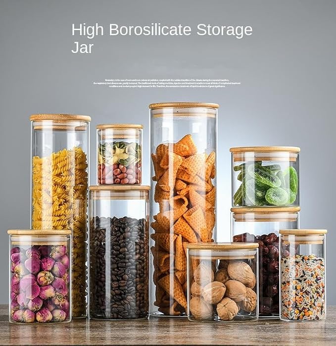 3-Piece sealed food storage containers, borosilicate glass jars with bamboo and wood lids, 2.6 to 4-inch diameter pantry jars, various sizes 2.6x2.4in to 4x11.8in.