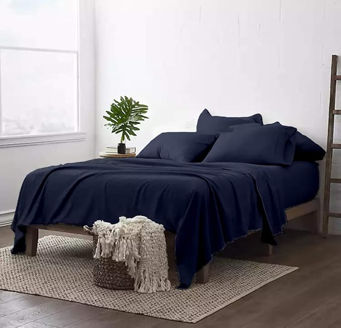 100% Real Certified Organic Cotton Bedsheet Set, Twin-XL Size 6 Piece 1000 Thread Count Sheets Sets, [1 Fitted + 1 Flat + 4 Pillowcases], Extra 24" Deep Pocket - Navy Blue