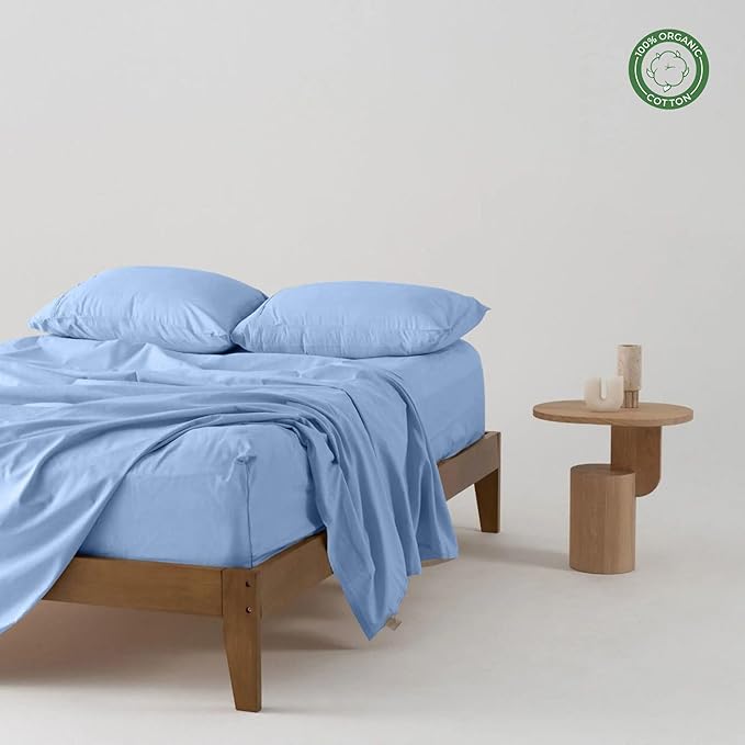Pure 100% Certified Organic Cotton Bed Sheet Set 1000 Thread Count, 4 Piece Bedding Set, 24" Extra DEEP Pocket, Crisp and Cooling Sateen Weave, Eco-Friendly -(Light Blue, Full)