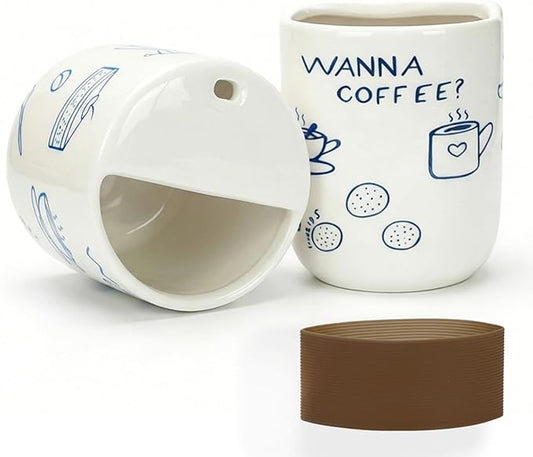 Ceramic Travel Mug with Half Lid, Funny Blue Pattern Ceramic Coffee Mug with Sip Hole, 12oz Ceramic To Go Cup, Unique Gift for Coffee Tea Lovers