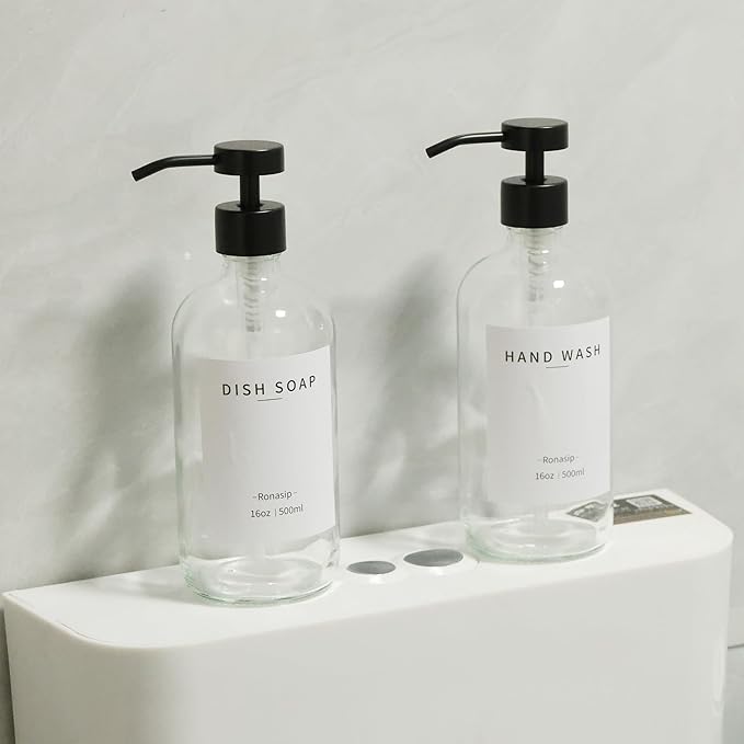 Ronasip Set of 5 Kitchen Soap Dispenser Set 16 Oz Glass Hand Dish Soap Dispenser with Stainless Steel Pump, Cement Tray, Dish Scrub Brush for Farmhouse Rustic Home Bathroom Decor (Transparency)