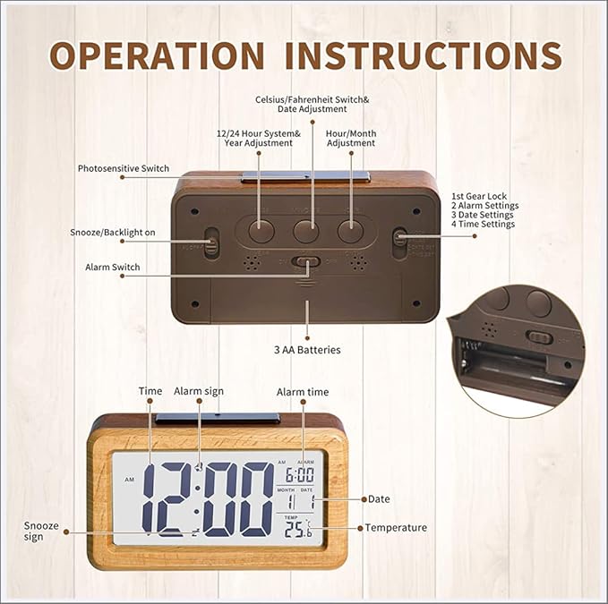 Alarm Clocks, Digital Alarm Clock Wooden Large LED, Smart Sensor Night Light with Snooze, Date, Temperature, 12/24Hr Switchable,Easy to Use,Solid Wood Shell, for Bedrooms and Travel