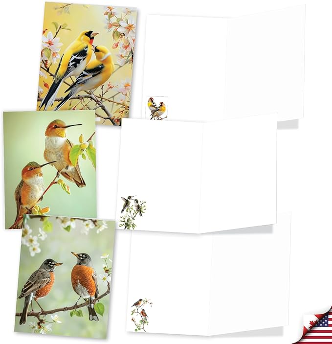 The Best Card Company 20 Assorted Blank Notecards Box Set 4 x 5.12 Inch with Envelopes (10 Designs, 2 Each) Blooming Songbirds AM10702OCB-B2x10