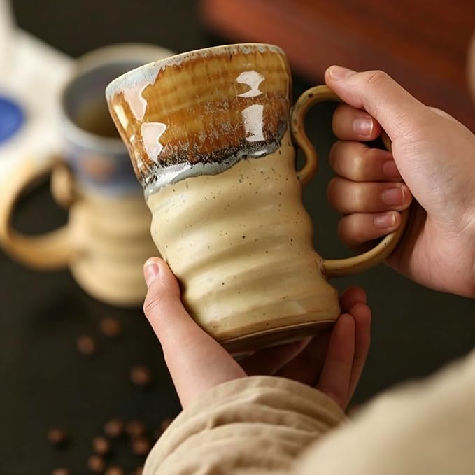 17oz Large Unique Cool Tall Handmade Ceramic Coffee Mug with Comfortable Big handle, Big Pottery Tea Mug, Artisanal Stoneware Coffee cup, Rustic Lead-free Tea Cups, Microwave safe,Biege and Brown