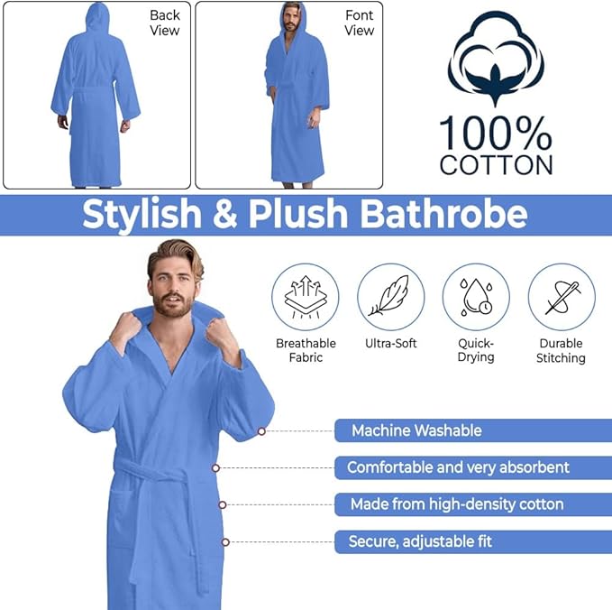 Men’s Hooded Bathrobe, 100% Cotton Terry Bathrobe, Spa Style Bath Robe, Absorbent Shower Robe, Lightweight Towel Bathrobes