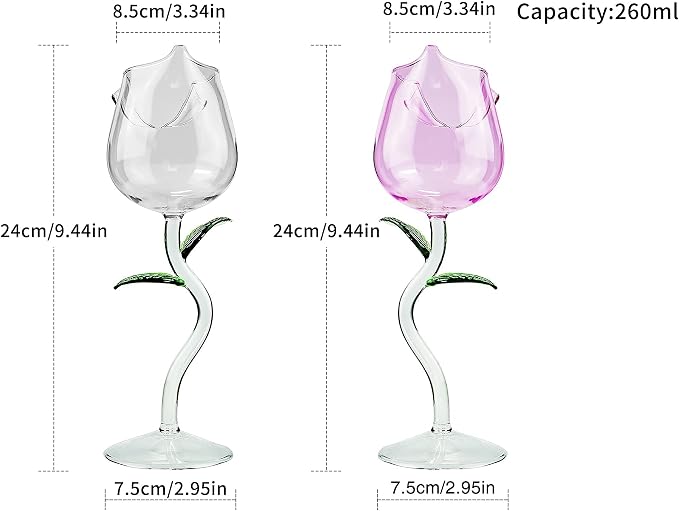 Rose Flower Wine Glasses, Creative Red Wine Glass Set of 2 Rose Flower Goblet Wine Cocktail Juice Glass for Party Dinner Wedding Festival Kitchen Bar (260ml, 2Pcs)