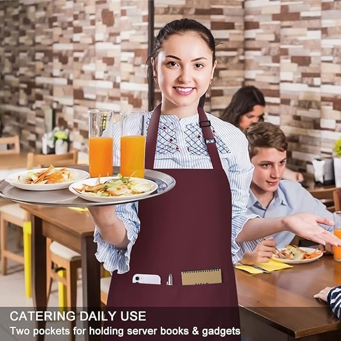 Jubatus 2 Pack 100% Cotton Aprons with 2 Pockets Cooking Chef Kitchen Adjustable Bib Apron for Women Men, Wine Red