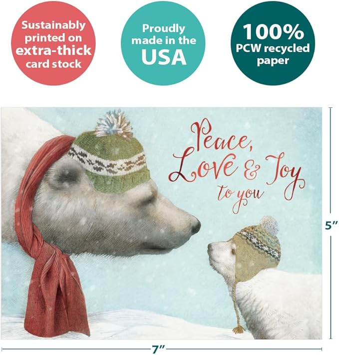 Tree-Free Greetings - Holiday Greeting Card - Artful Designs - 1 Card + Matching Envelope - Made in USA - 100% Recycled Paper - 5"x7" - Peace Love Joy (GO64226)