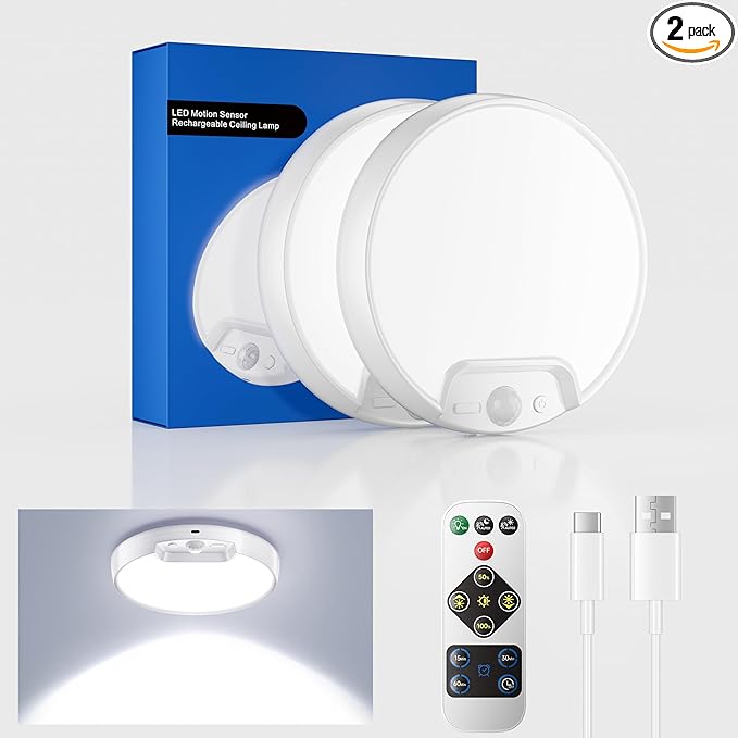 Homelist 2 Pack Upgraded Rechargeable Motion Sensor Ceiling Light, Battery-Powered Ceiling Light with Remote for Closet Stairs Shower Shed Hallway Porch-6000K Cool White