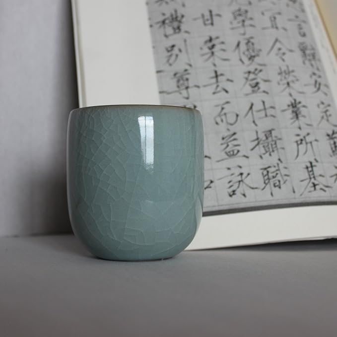 Handmade Celadon Teacups 5-Ounce Japanese Style Coffee Cup Glazed-Cracked Porcelain Mugs Beer (1, Grey Cracking)