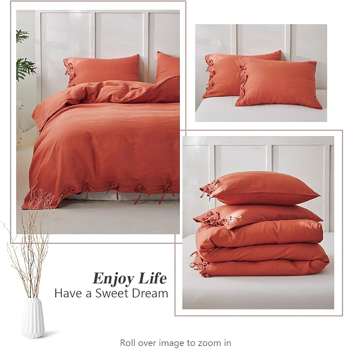 Simple&Opulence 100% Linen Duvet Cover Set 3pcs with Bowknot Ties Closure Natural French Washed Flax Solid Color Soft Breathable Farmhouse Bedding - Brick Red, Queen Size