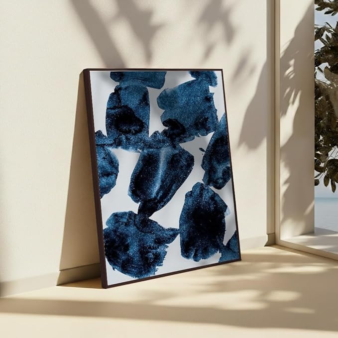Monem Art Blue Abstract Watercolor Texture Print - Minimalist Modern Art Poster - Wall Decor for Living Room, Bedroom or Office - 18x24 Brown Framed CANVAS Wall Art by Mareike Bohmer