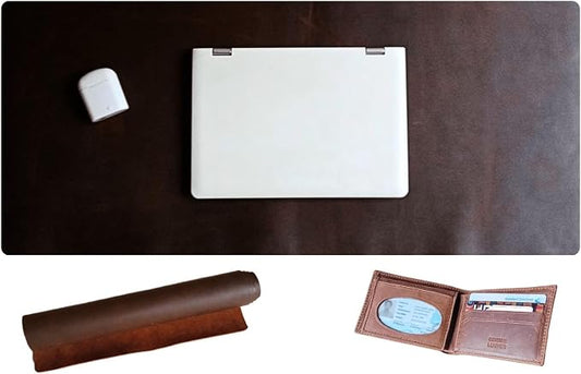 Premium Full Grain Genuine Leather Desk Mat Large with Leather Wallet, Rustic Brown, 32L x 16W inch