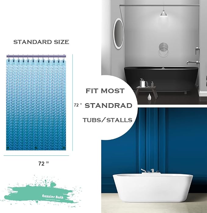 Blue 3D Crystal Plastic Shower Curtain Liner, 72x72 Inch Thin Lightweight Ice Cube Plastic Bathroom Shower Showroom Inner Curtain with Rustproof Metal Grommet Holes and Weighted Magnets