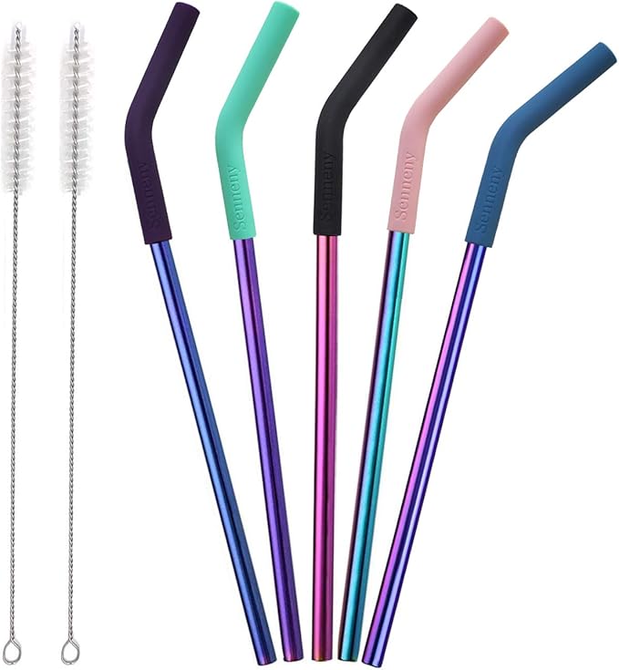 Senneny Set of 5 Stainless Steel Straws with Silicone Flex Tips Elbows Cover, 2 Cleaning Brushes and 1 Portable Bag Included (Colorful)- 8mm diameter