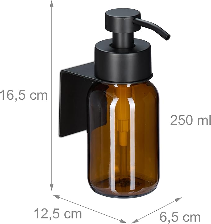 Relaxdays Soap Dispenser, Set of 2, 250 ml, Glass, Stainless Steel, Wall-Mounted, Adhesive, Sanitiser Pump, Brown/Black