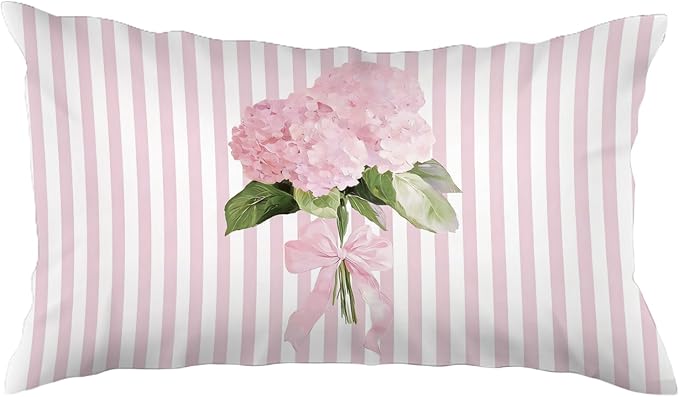 Cottagecore Pink Hydrangea Floral 12x20 Pillow Cover, Preppy Girly Bow Botanical Flower Pink Striped Decorative Lumbar Pillow Cover for Girls Room Dorm Bedroom Living Room Home