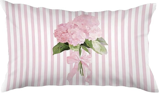 Cottagecore Pink Hydrangea Floral 12x20 Pillow Cover, Preppy Girly Bow Botanical Flower Pink Striped Decorative Lumbar Pillow Cover for Girls Room Dorm Bedroom Living Room Home